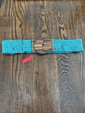 Turquoise Woven Stretch Belt with Decorative Wooden Buckle